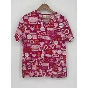 Fundamentally Cotton White Swan Valentine Scrub Top Women Small Hearts Pink Red